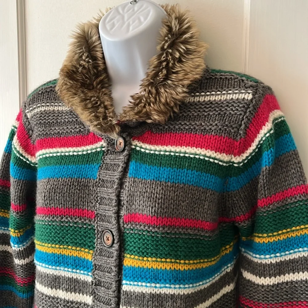 Hanna Andersson Wool Blend Cardigan‎ Sweater Girls 10/ 140 Multi Stripe Rainbow